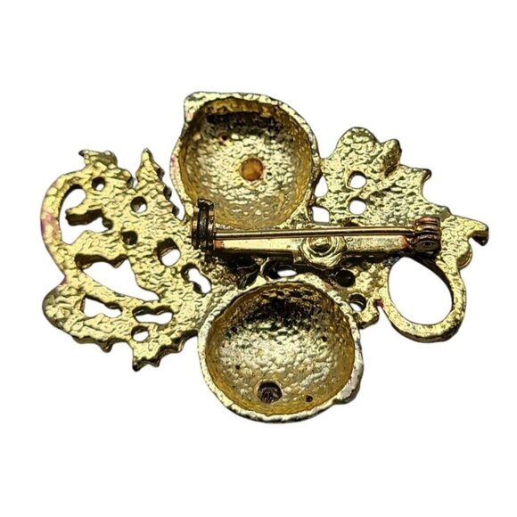 Christmas Ornament Brooch Pink & Gold Balls on Tree Branch Rhinestone Accents - Picture 6 of 7